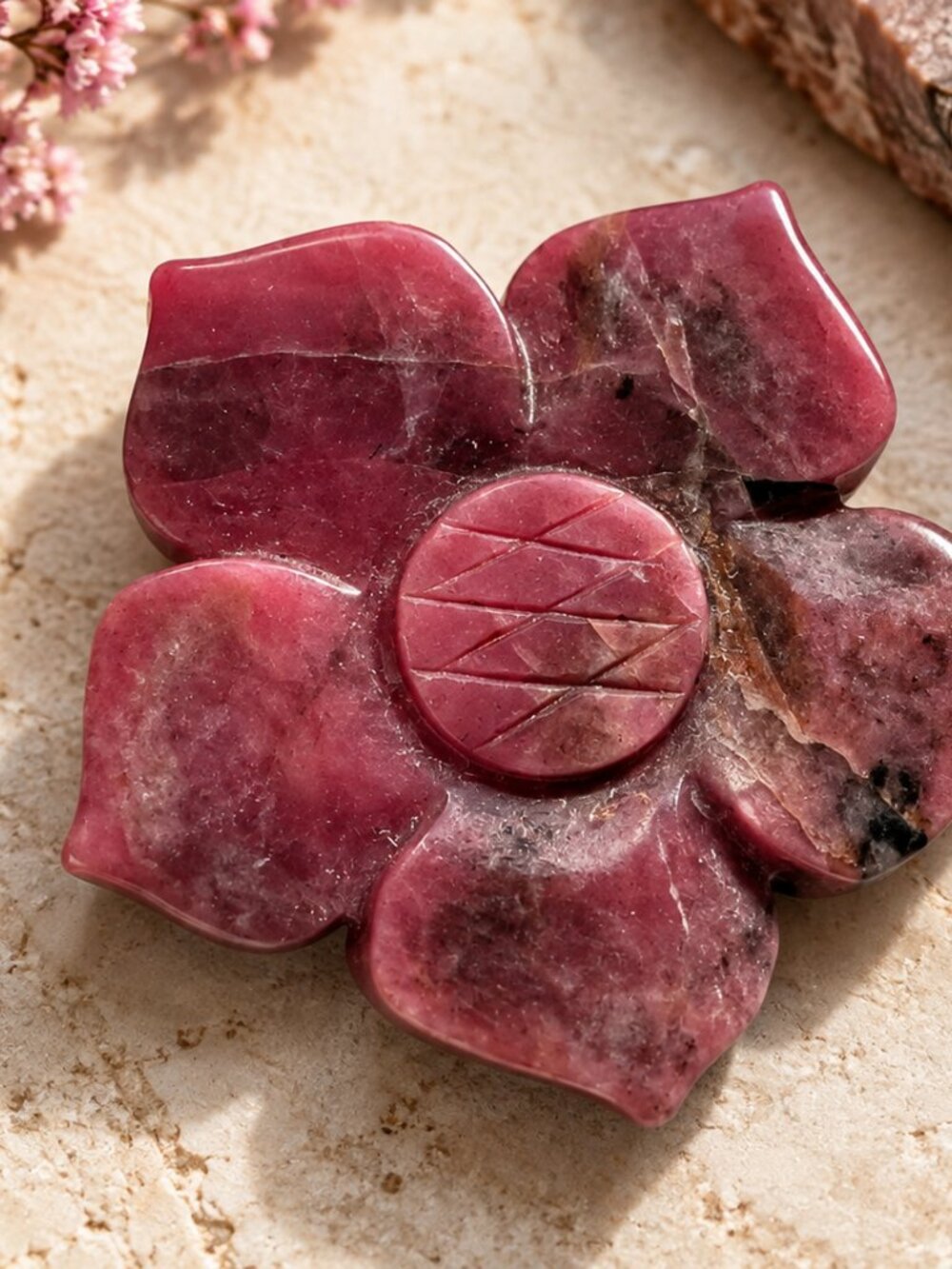 Vintage Carved Pink Rhodonite Flower Brooch Pin